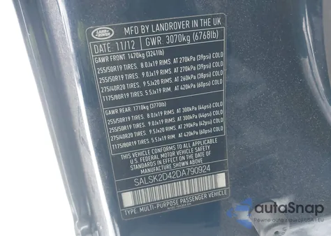 2013 Land Rover Range Rover Sport Hse z USA, uszkodzony, nr VIN SALSK2D42DA790924